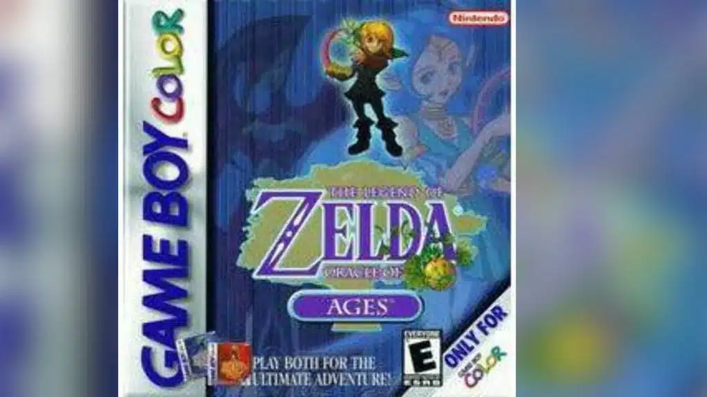 The Legend of Zelda Oracle of Ages Game Boy Color box art featuring Link holding a harp, blue themed background with Nayru and logo centered