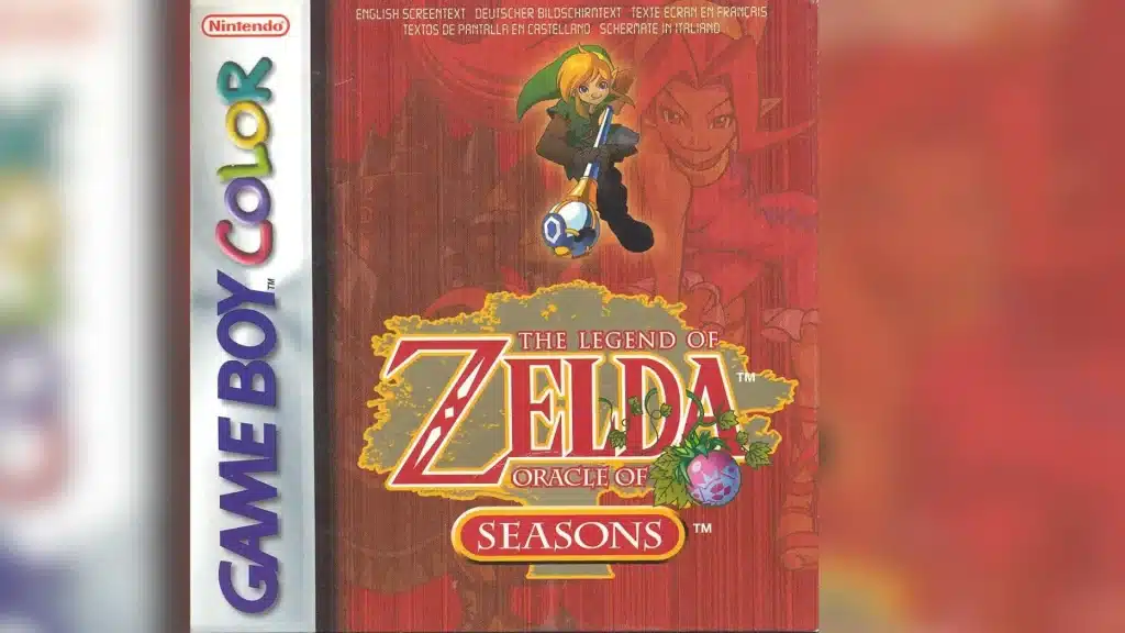 The Legend of Zelda Oracle of Seasons Game Boy Color box art featuring Link holding the Rod of Seasons, red themed background with Din and logo centered