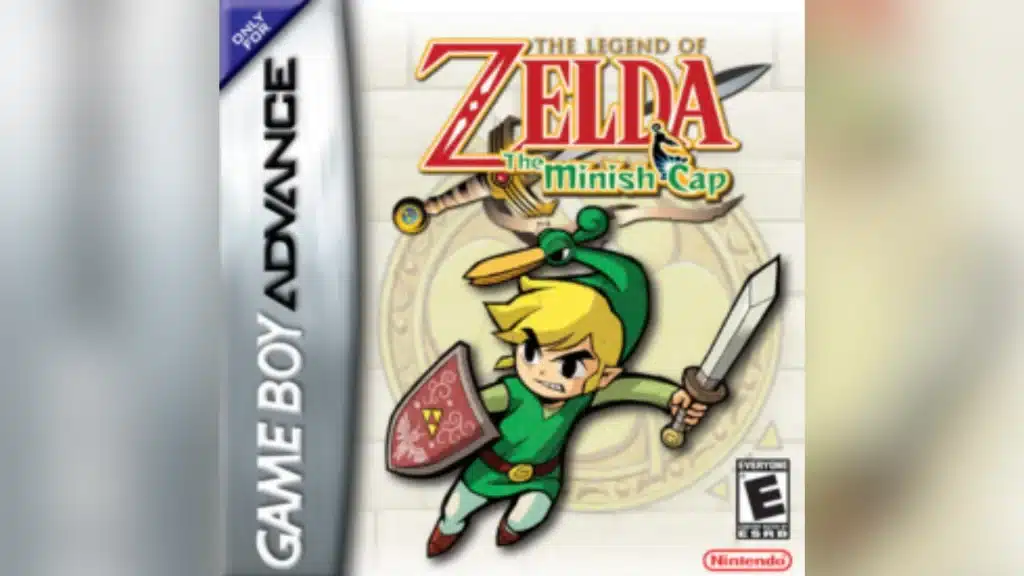 The Legend of Zelda The Minish Cap GBA cover art featuring Link wearing Ezlo the bird hat and holding a sword