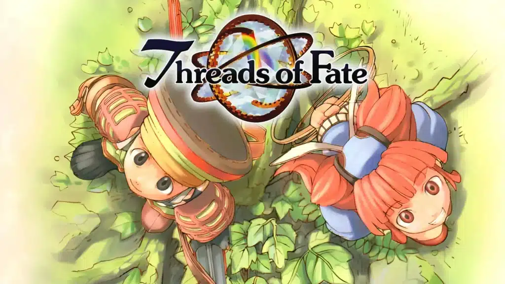 Threads of Fate artwork showing two anime characters looking up through leaves with the game logo centered above them