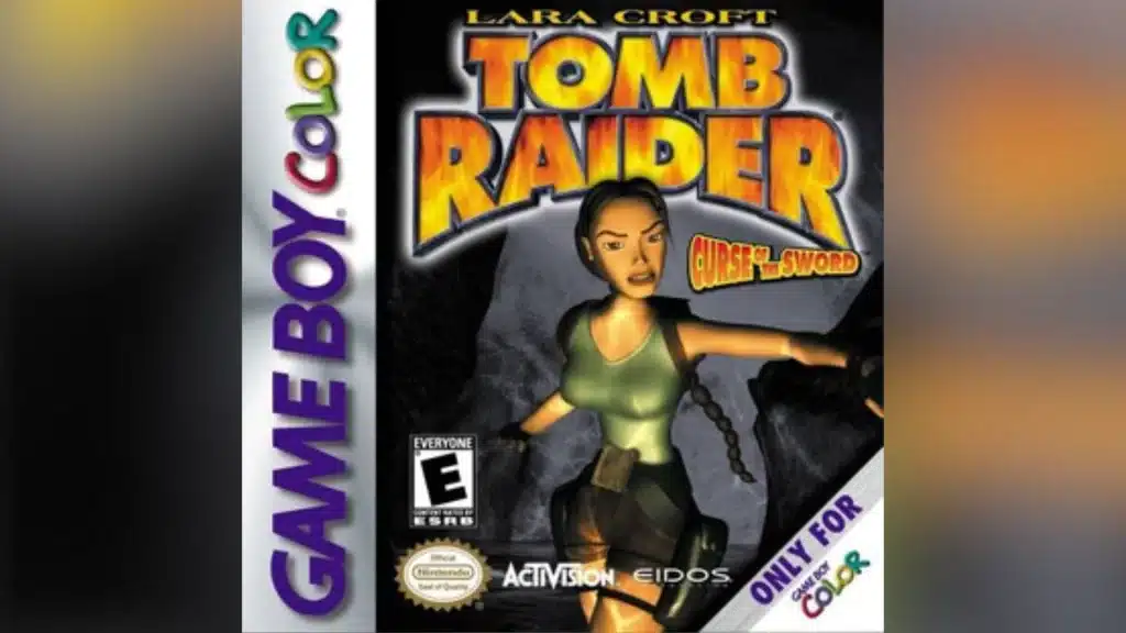 Tomb Raider Curse of the Sword Game Boy Color cover showing Lara Croft holding weapons in a dark cave scene