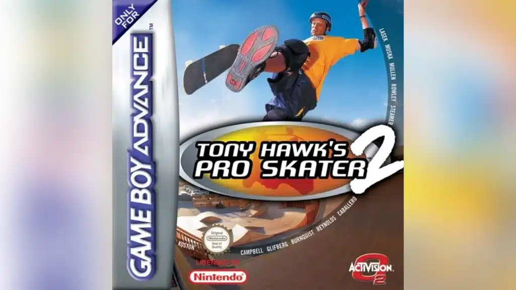Tony Hawk's Pro Skater 2 Game Boy Advance cover showing a skateboarder doing a trick in a skatepark