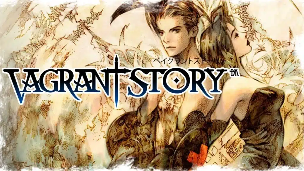 Vagrant Story artwork with two characters in detailed medieval style, featuring the game logo over a parchment-like background