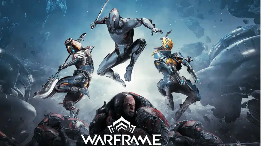 Warframe characters in combat pose battling enemies in a sci-fi space setting with ships and debris in the background