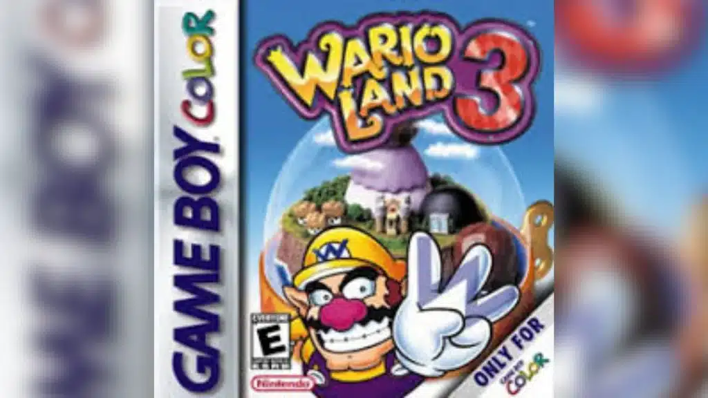Wario Land 3 DX wide cover art styled like a Game Boy Color box featuring a Wario-like character jumping on a wooden dock over water with enemies, treasure chest, island and bright blue sky background