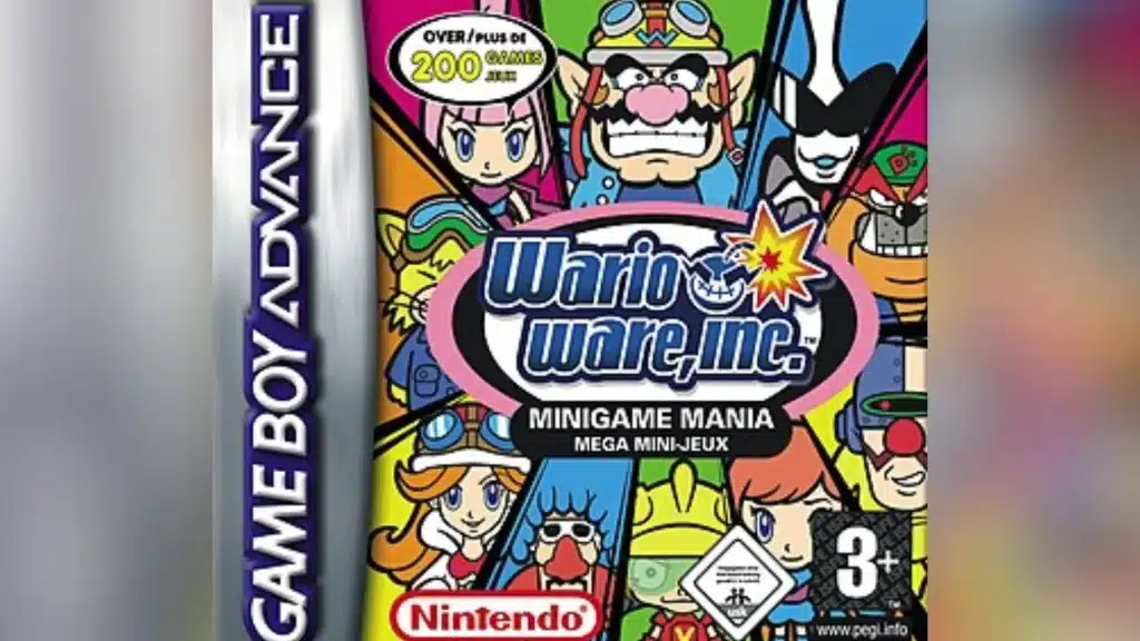 WarioWare Inc Minigame Mania GBA box art with Wario and characters in a colorful segmented design