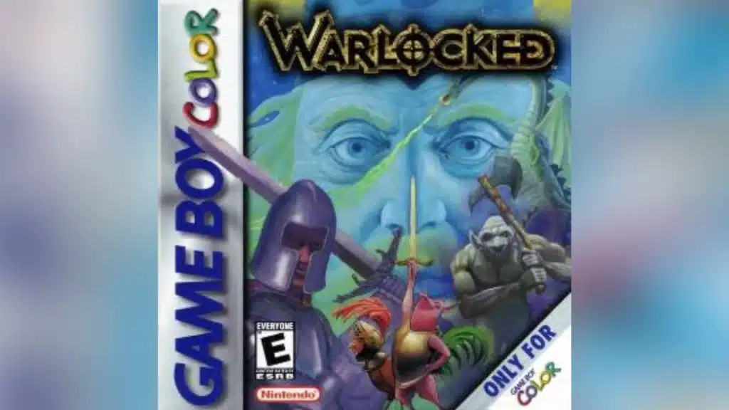 Warlocked Game Boy Color cover showing fantasy warriors battling beneath a large blue wizard face