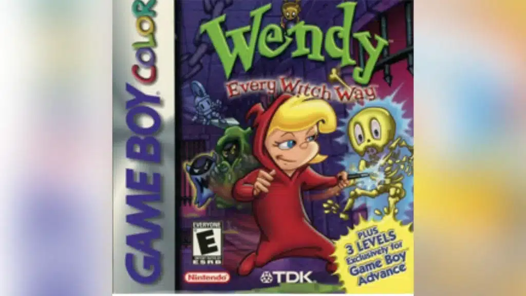 Wendy Every Witch Way Game Boy Color cover showing Wendy casting magic beside a glowing skeleton