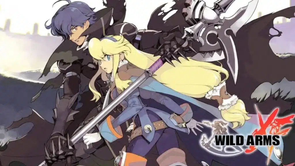 Wild Arms artwork showing two main characters with swords and guns in a western fantasy setting with game logo