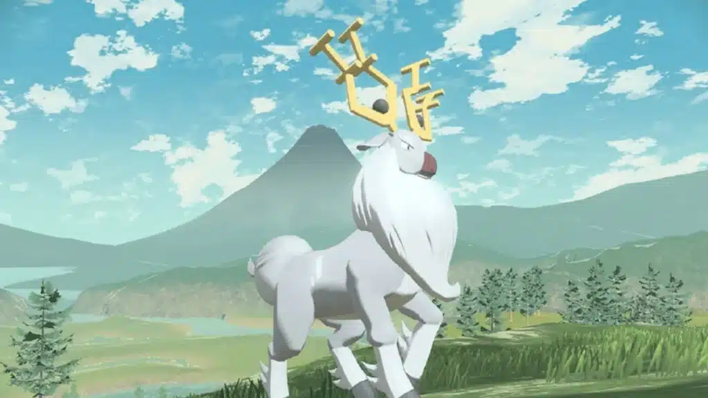 Wyrdeer standing in a scenic open world landscape in Pokemon Legends Arceus, showing the game’s environment and visual style