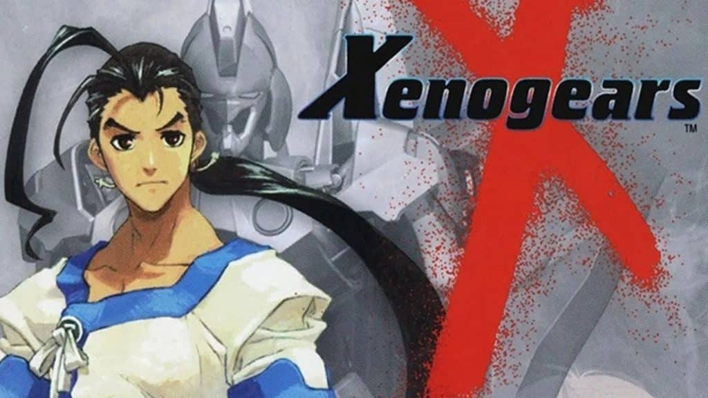 Xenogears cover art with Fei in front and a giant mech behind, with bold red X and game title on the right