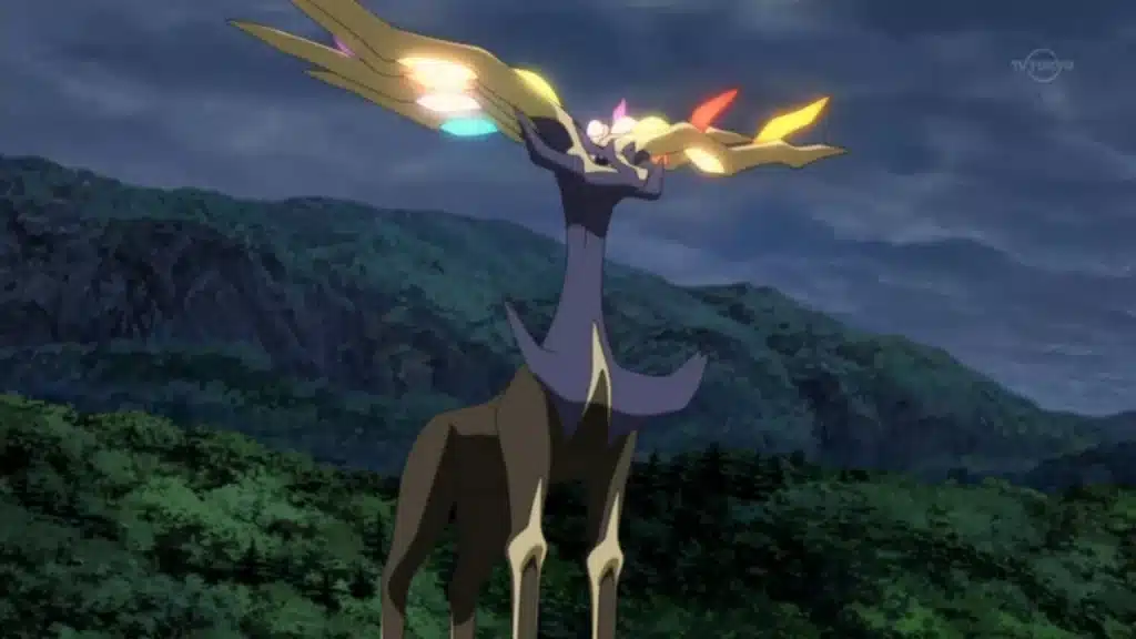 Xerneas restoring life in a forest during Diancie and the Cocoon of Destruction movie scene
