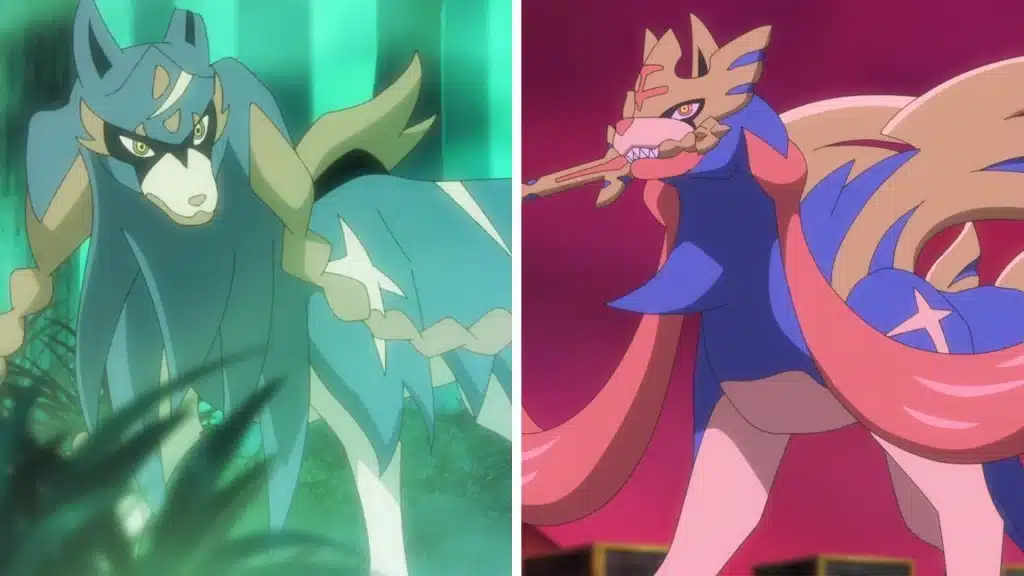 Zacian Hero of Many Battles form and Crowned Sword form shown in Pokemon Journeys anime scene
